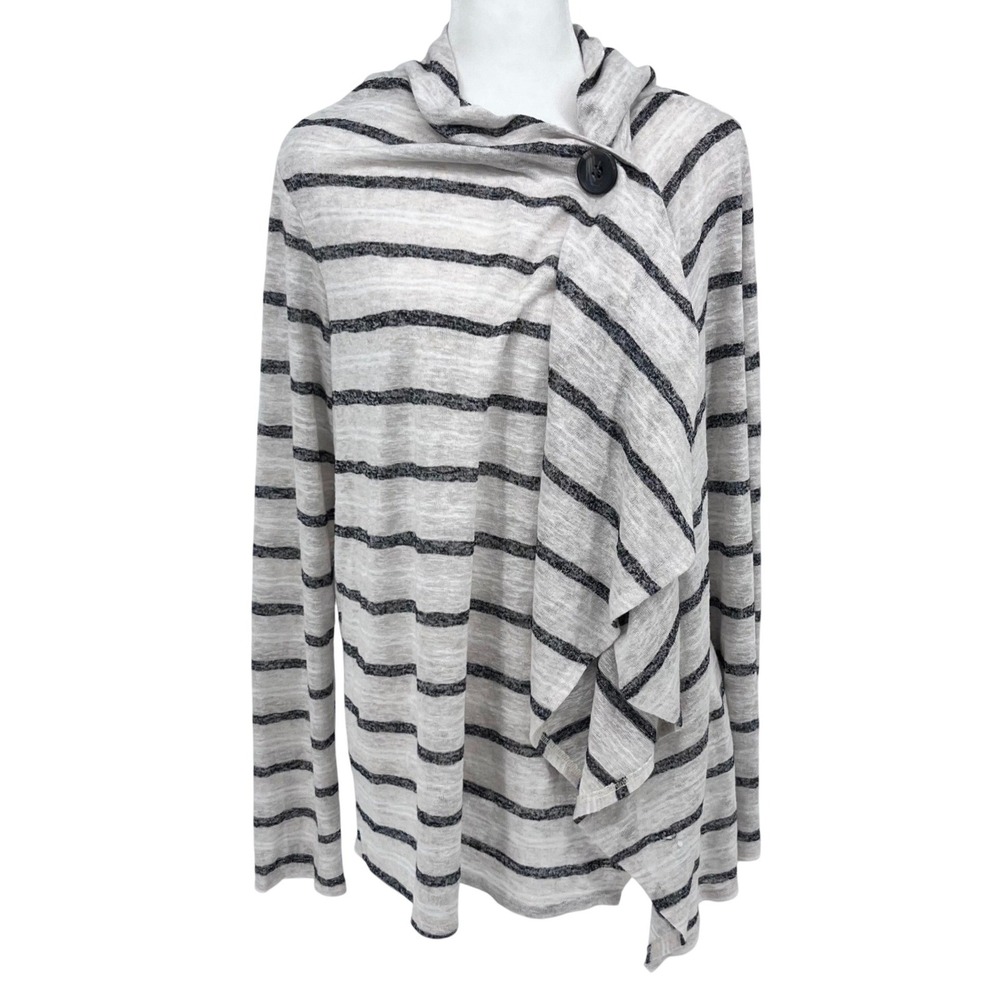 Versona Striped Asymmetric Button Draped Sweater Grey Black Large Minimalist